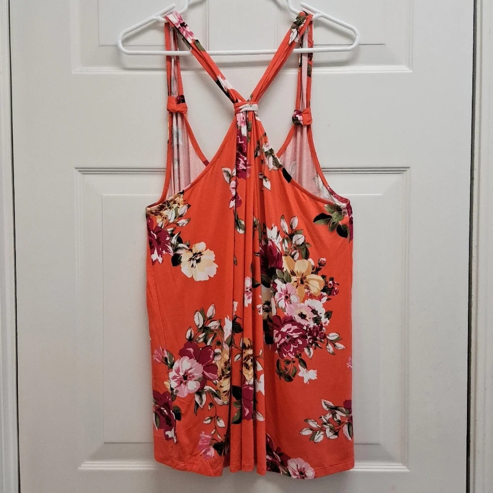 Maurices Floral Tank Top Knot Back Racerback 1X Orange Tropical Resortwear Flowy - Picture 2 of 8